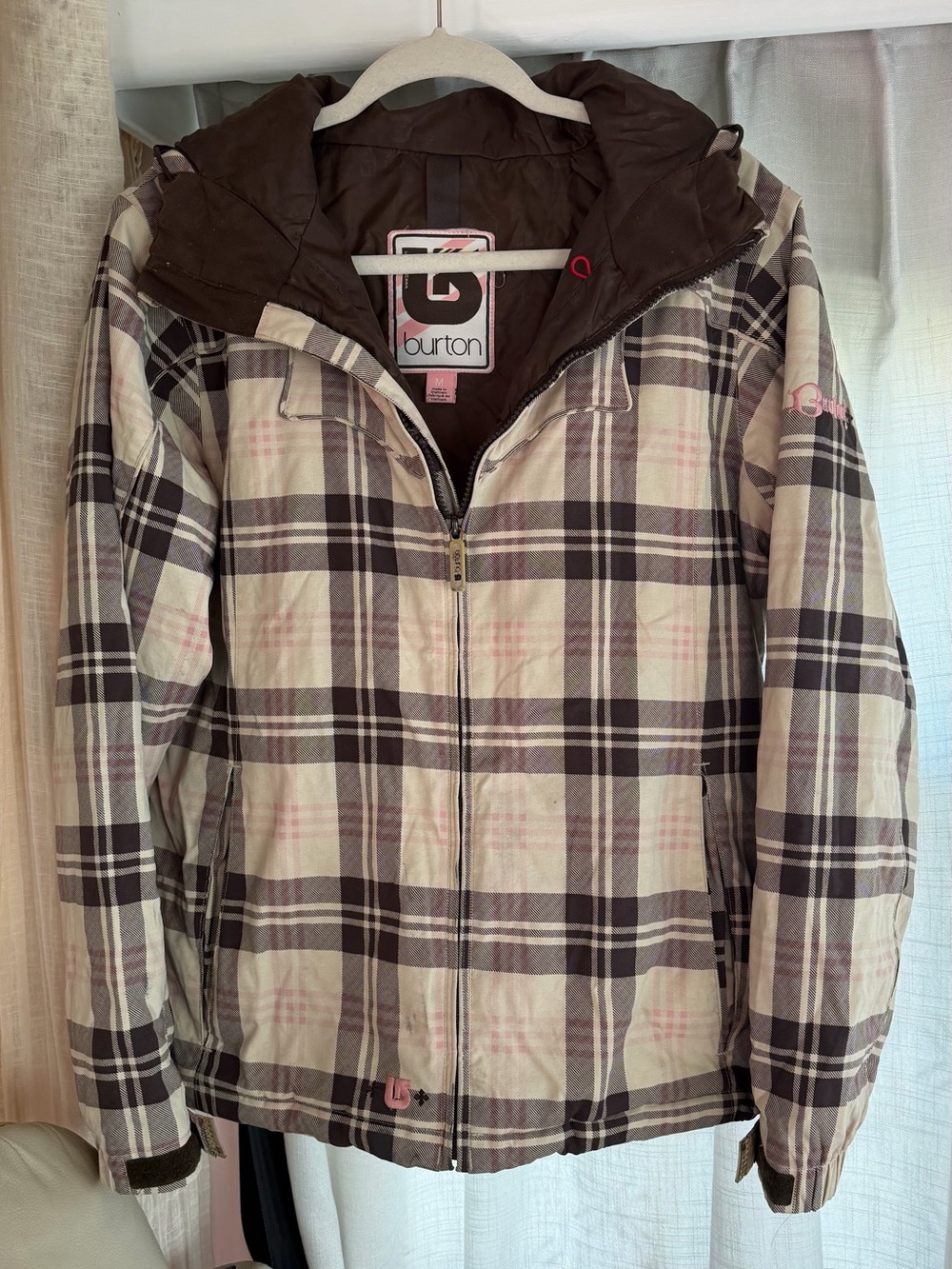Burton Women's Brown and Cream Plaid Ski Jacket